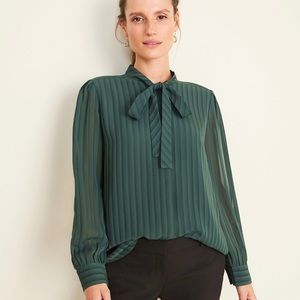 NWT Ann Taylor Striped Jacquard Tie Neck Green Top